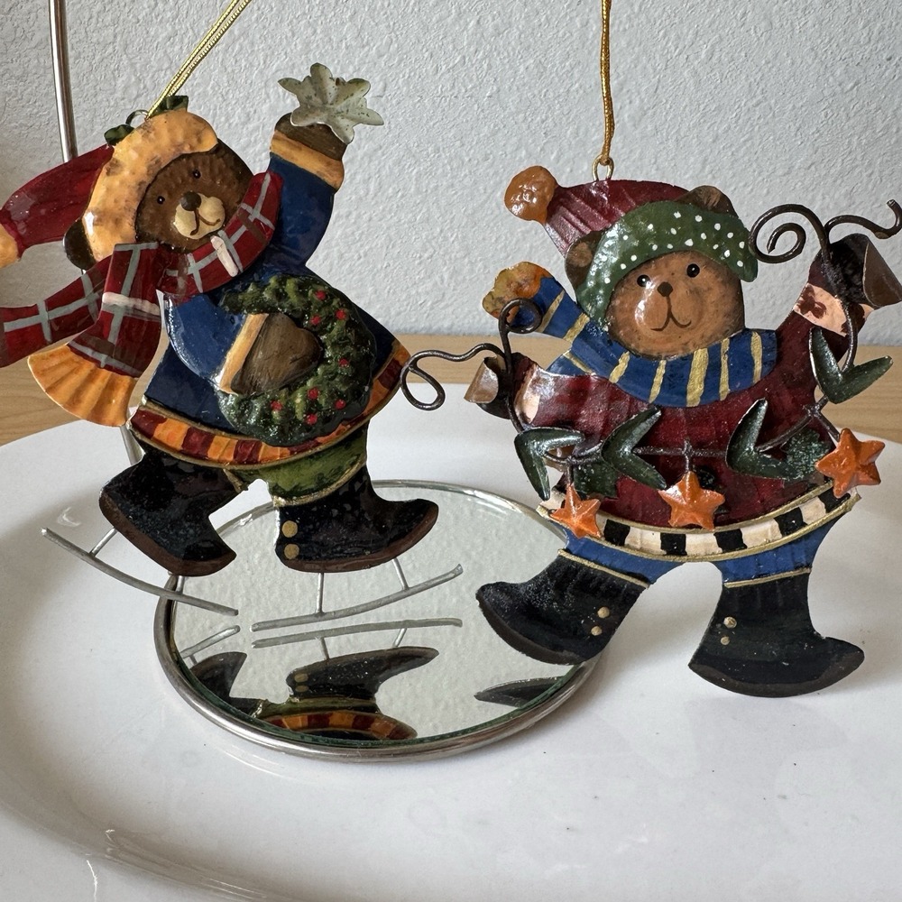 Vintage Metal Tin Painted Teddy Bear Christmas Ornaments Primitive Rustic Cabin